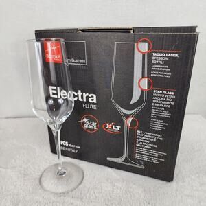 New 6 Bormioli Rocco Electra Italian Star Glass Champagne Flutes 7.75 oz Italy